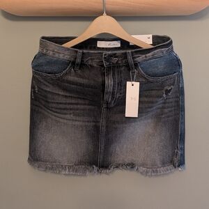 Kan Can Collection Black Blue Two-Toned Distressed Fringe Denim Skirt